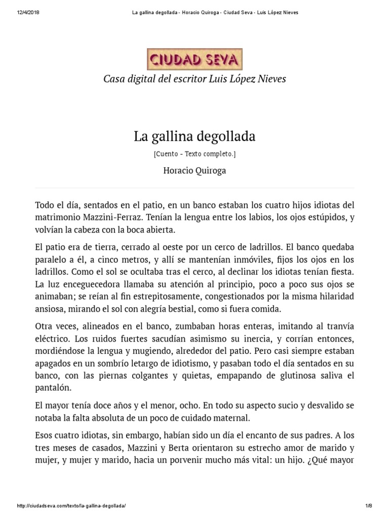 La Gallina Degollada Horacio Quiroga Ciudad Seva Luis López Nieves PDF Meningitis Amor