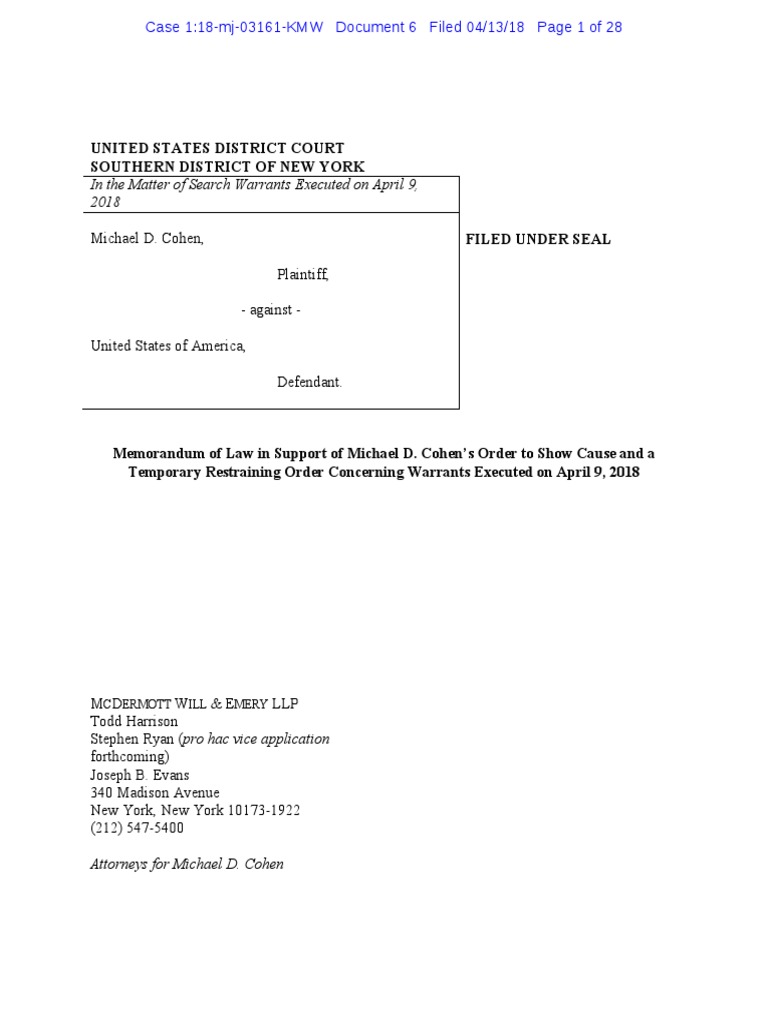 Cohen V USA Memo in Support PDF AttorneyClient Privilege Search