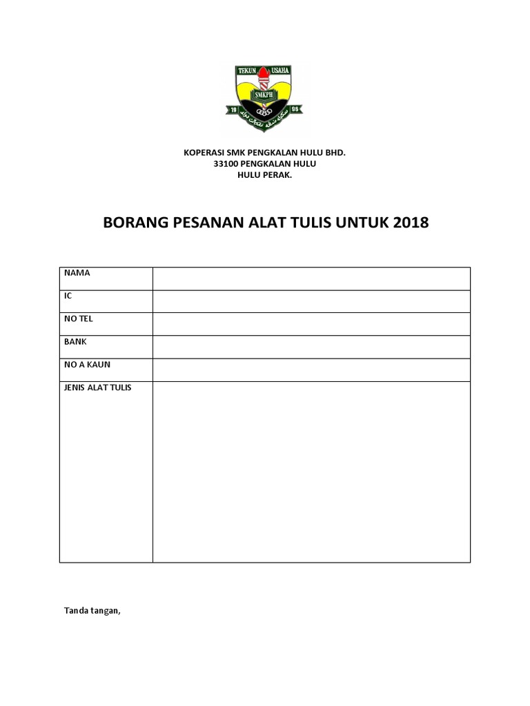 Borang Pesanan Alat Tulis Untuk 2018