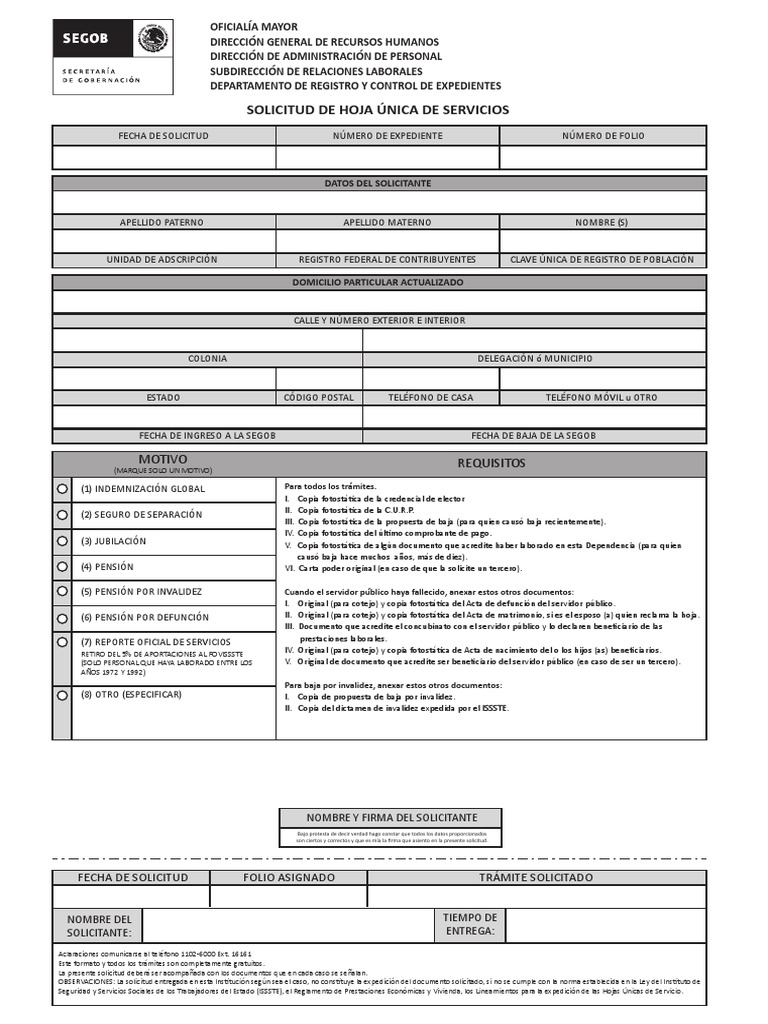 Solicitud Hoja Unica de Servicio ISSSTE Pensión Política
