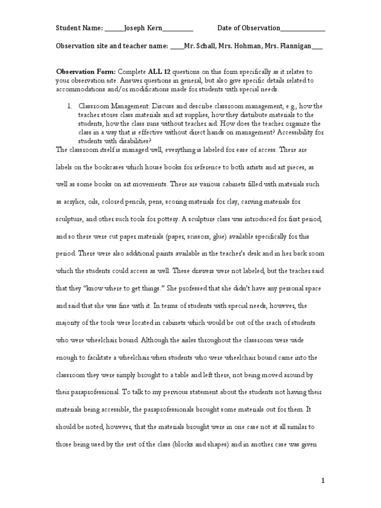 Observation Form Spring 2018 | PDF | Educational Assessment | Classroom