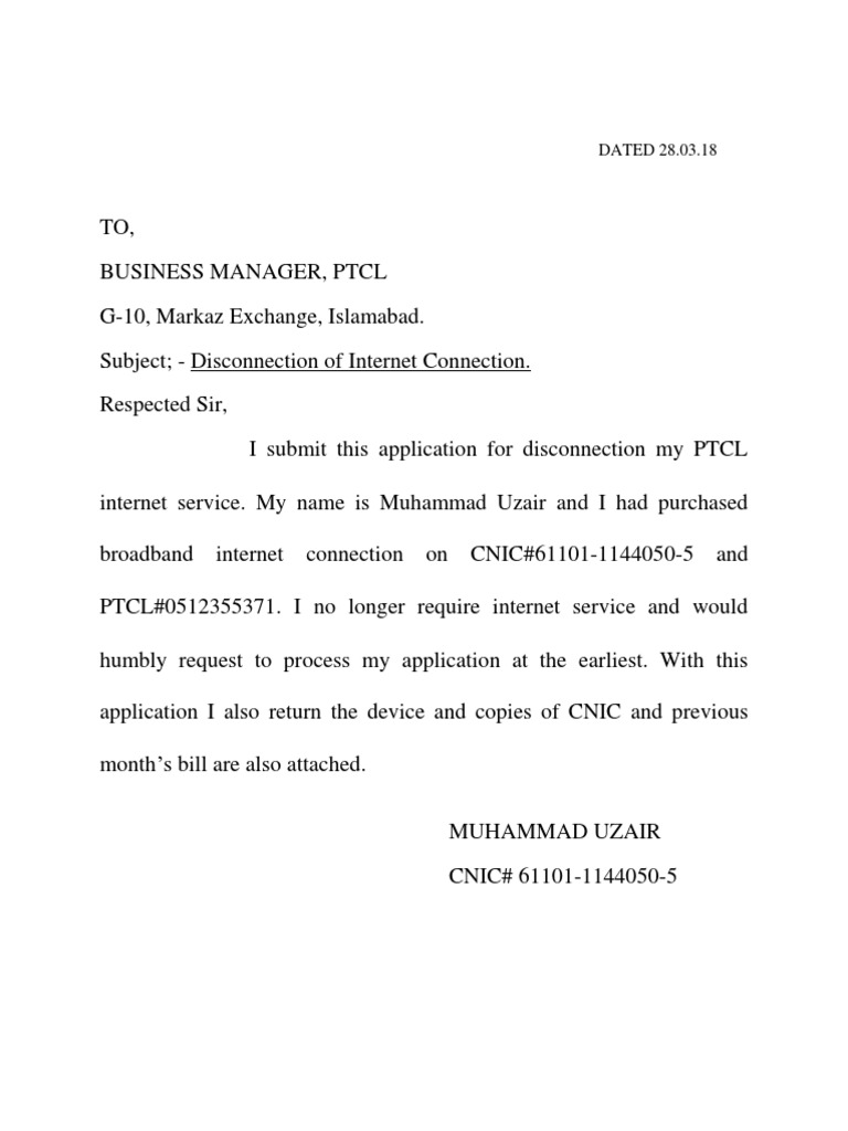 PTCL Internet Disconnection Request | PDF