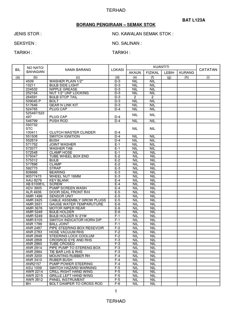 Senarai Borang Pengiraan Stok | PDF | Axle | Engine Technology