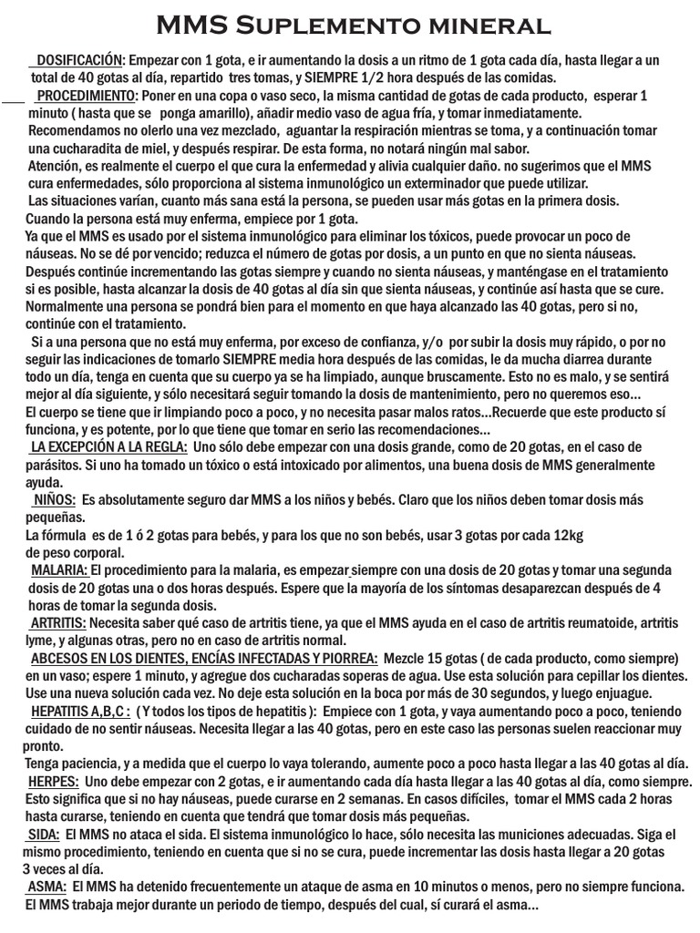 Dosificación y uso del MMS Suplemento | PDF | Asma | Cáncer