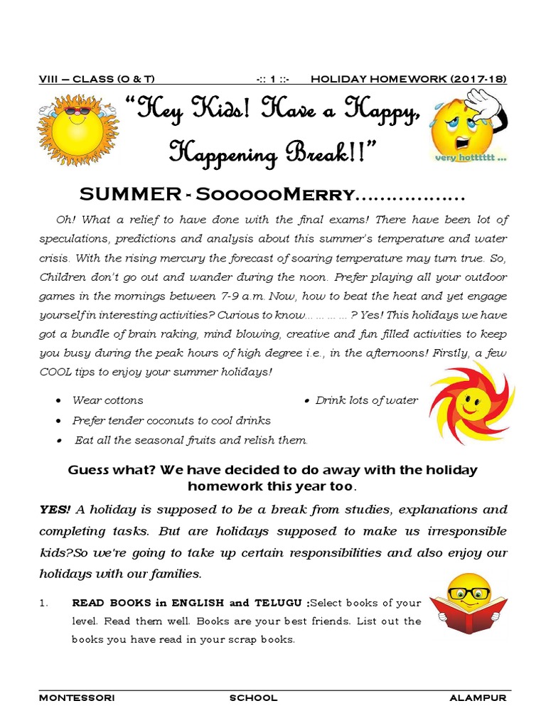 8 - Class - Holiday Homework Book For Summer Holidays (Academic Year ...