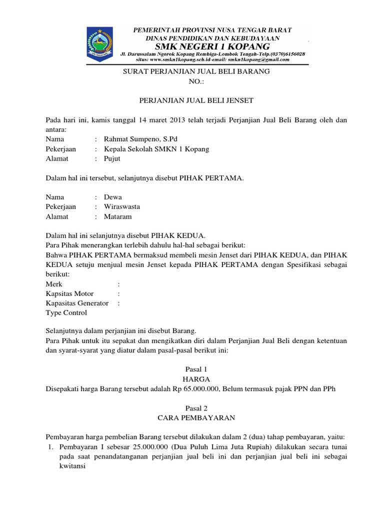 Surat Perjanjian Jual Beli Barang Pdf