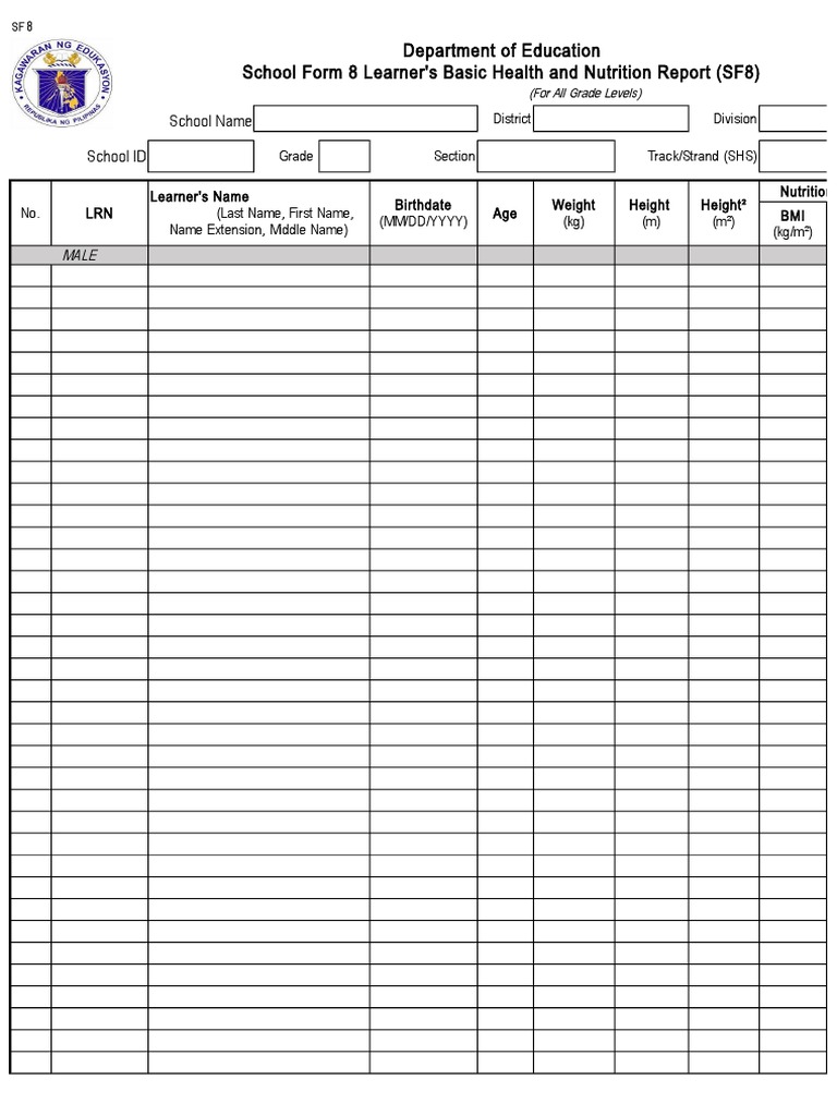 School Form 8 SF8 Learner Basic Health and Nutrition Report | PDF ...