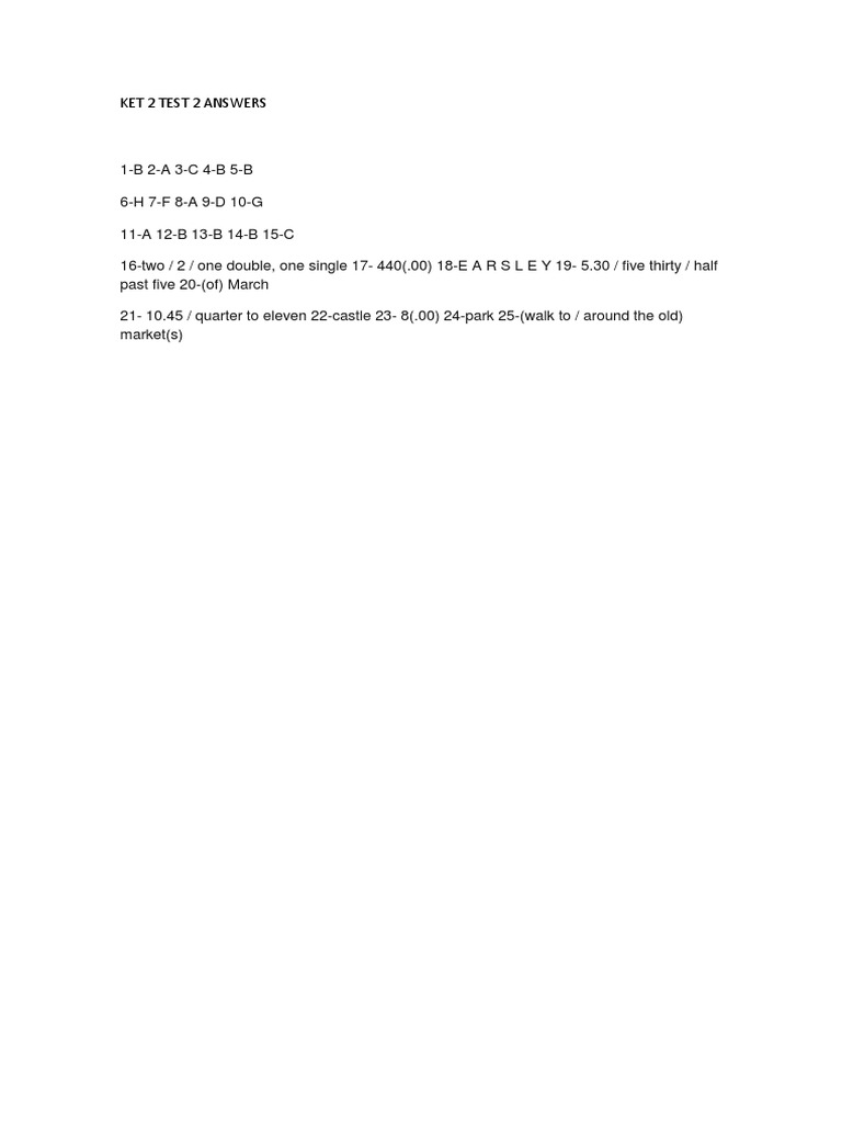 KET 2 Test 2 Answer Key | PDF | Science & Mathematics