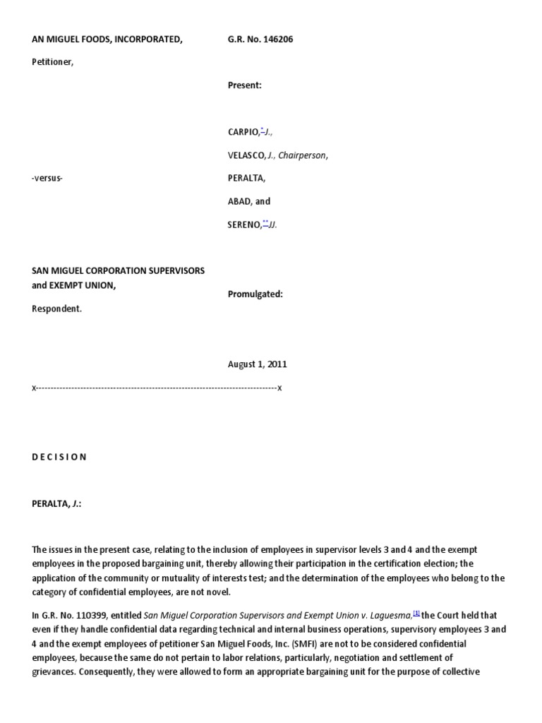 San Miguel Foods Union Certification Case | PDF | Trade Union ...