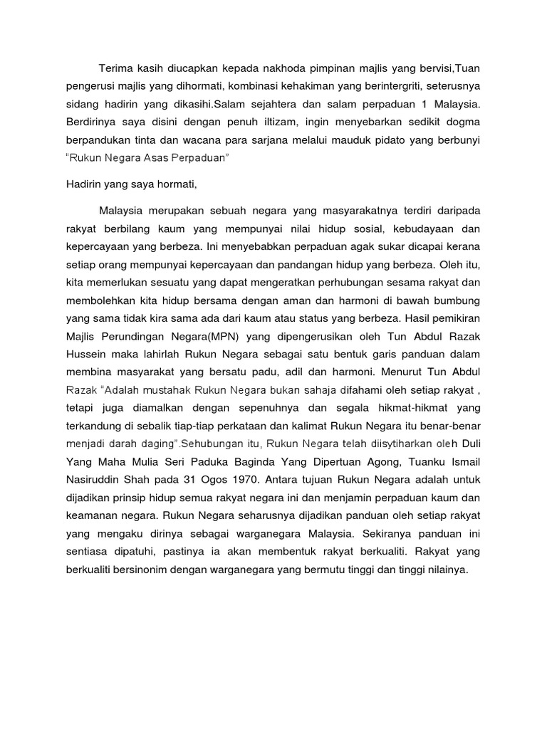 Teks Pidato Rukun Negara Asas Perpaduan 2018 Pdf