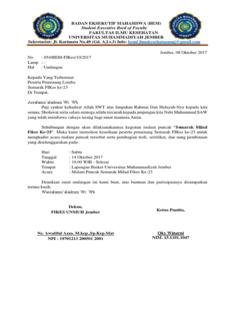 Contoh Surat Undangan Pemenang Lomba | PDF