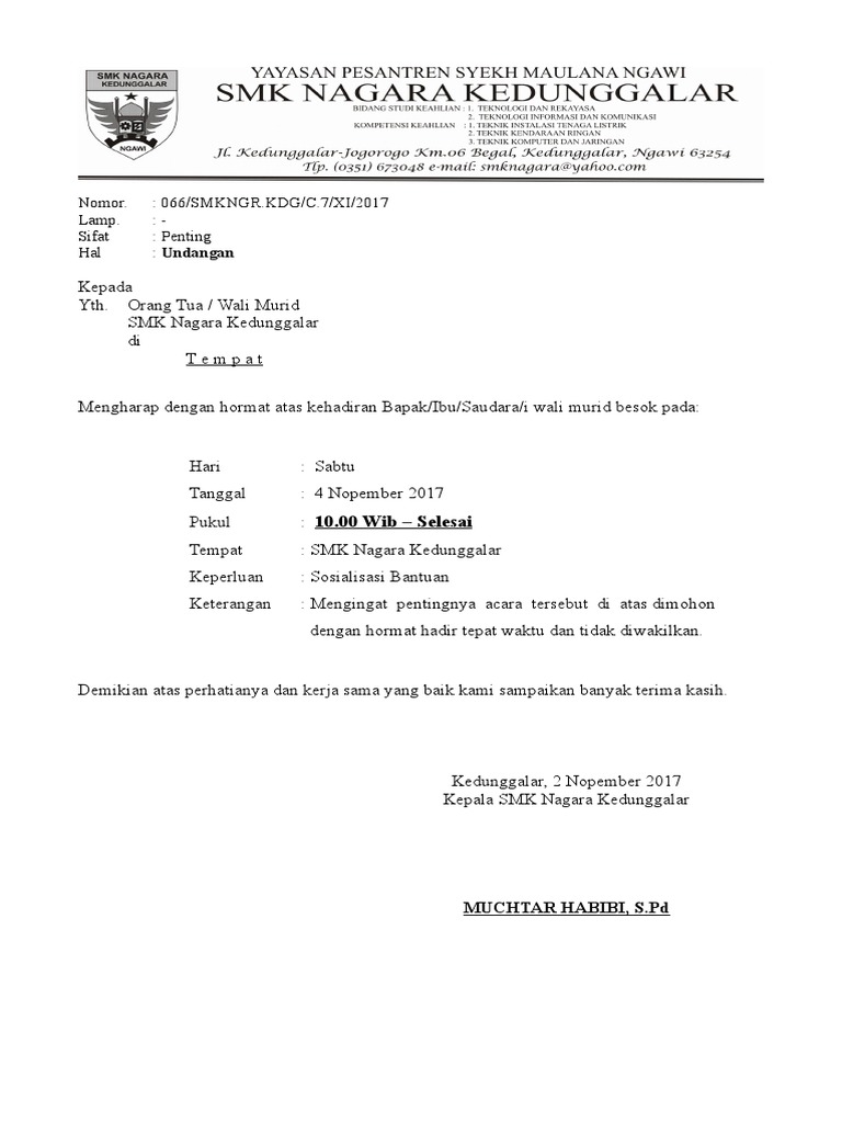 Surat Undangan Orang Tua Pengambilan Raport