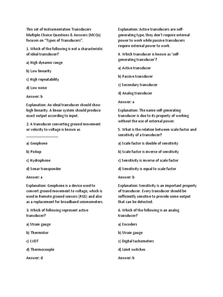 This Set Of Instrumentation Transducers Multiple Choice Questions Pdf