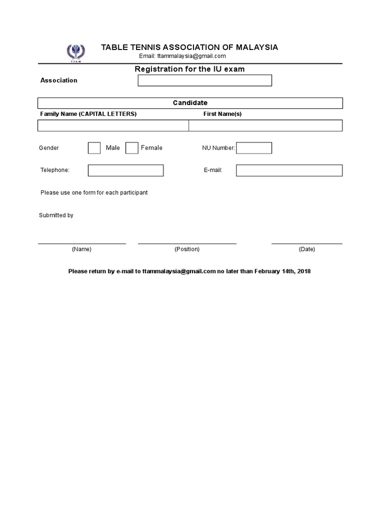 Table Tennis IU Exam Registration Form | PDF