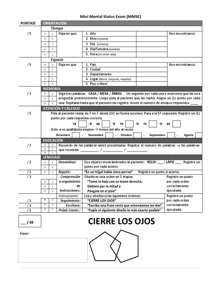 1 Test Mini Mental Status Exam Mmse Ciencia General Ciencia