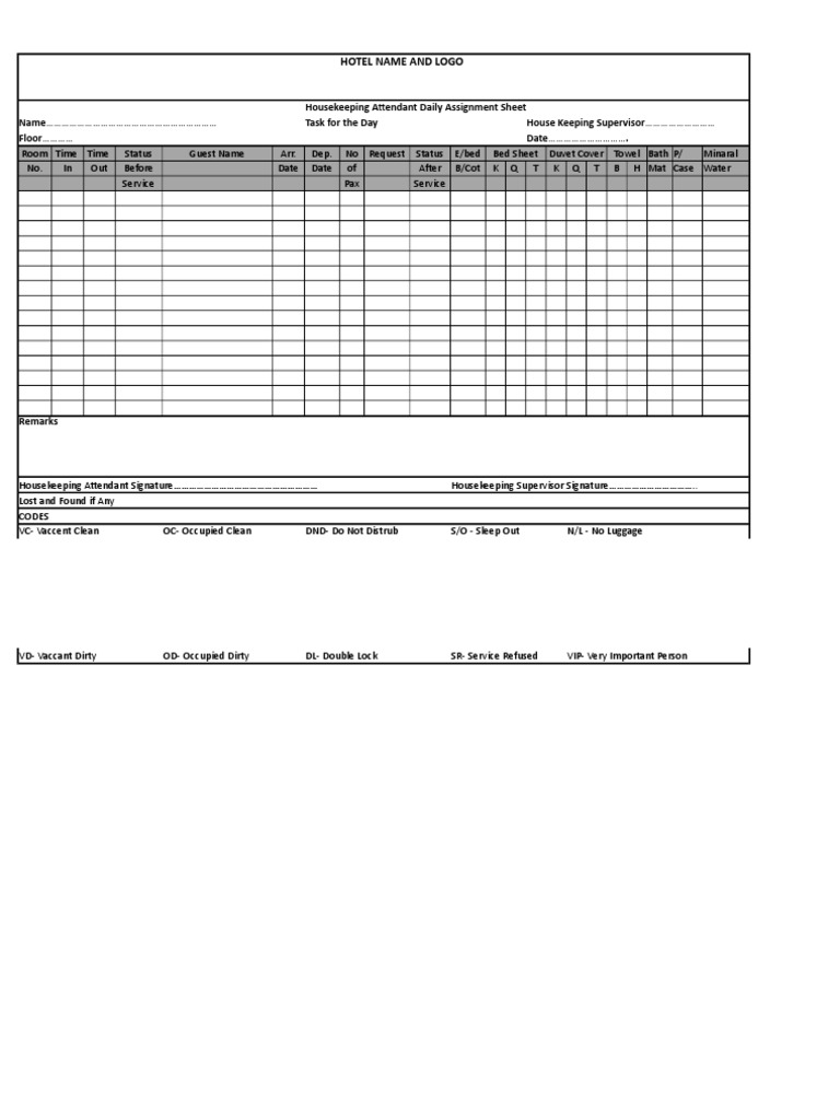 Housekeeping Attendant Daily Assignment Sheet