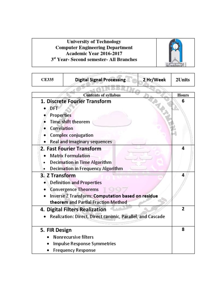 Digital Signal Processing Syllabus | PDF | Teaching Methods & Materials ...