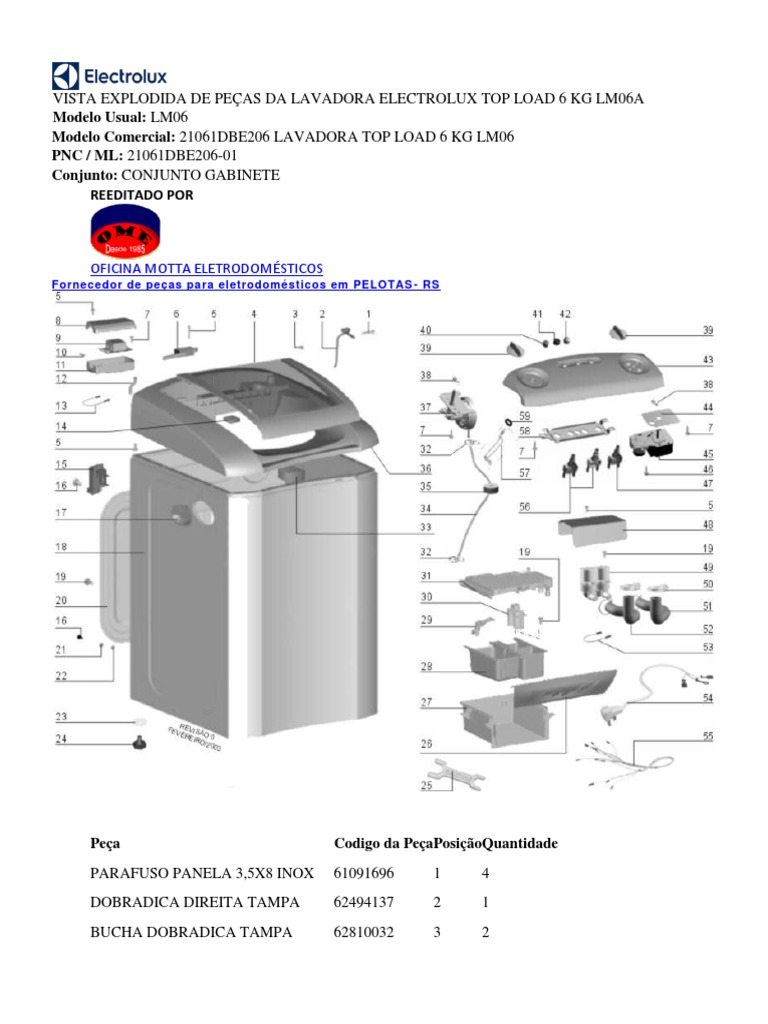 Vista Explodida de Peças Da Lavadora Electrolux Top Load 6 KG Lm06