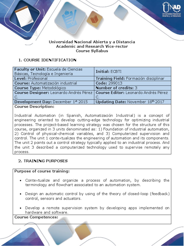 Syllabus of The Automatización Industrial Course PDF Automation