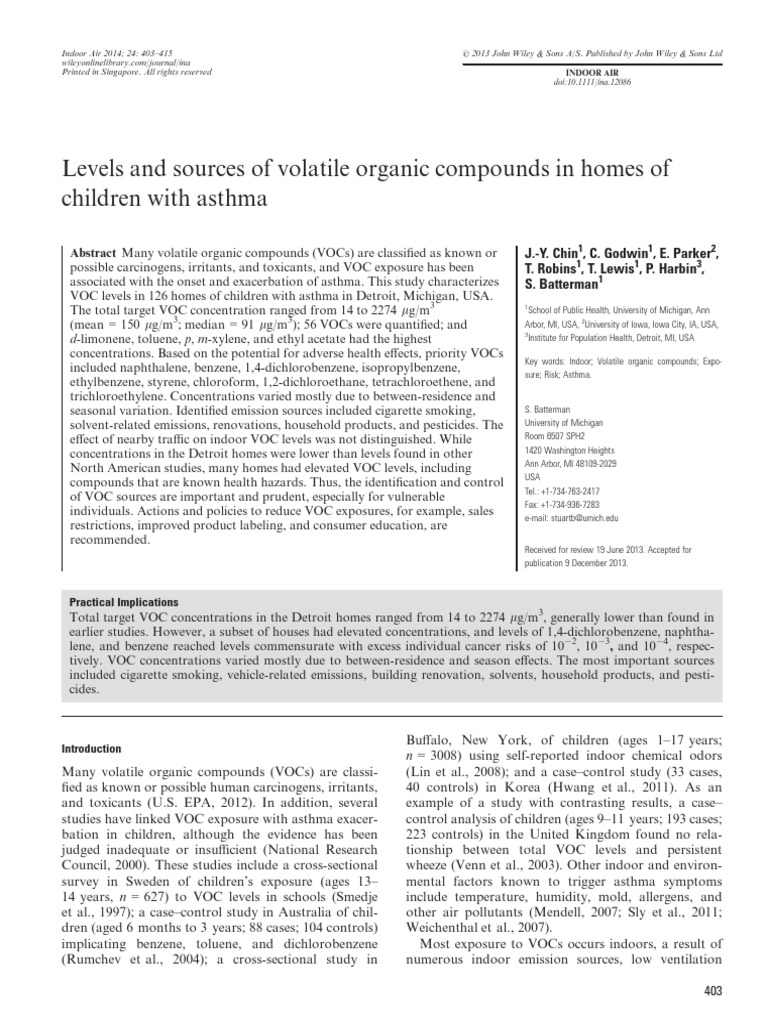 Levels and Sources of Volatile Organic Compounds in Homes of Children