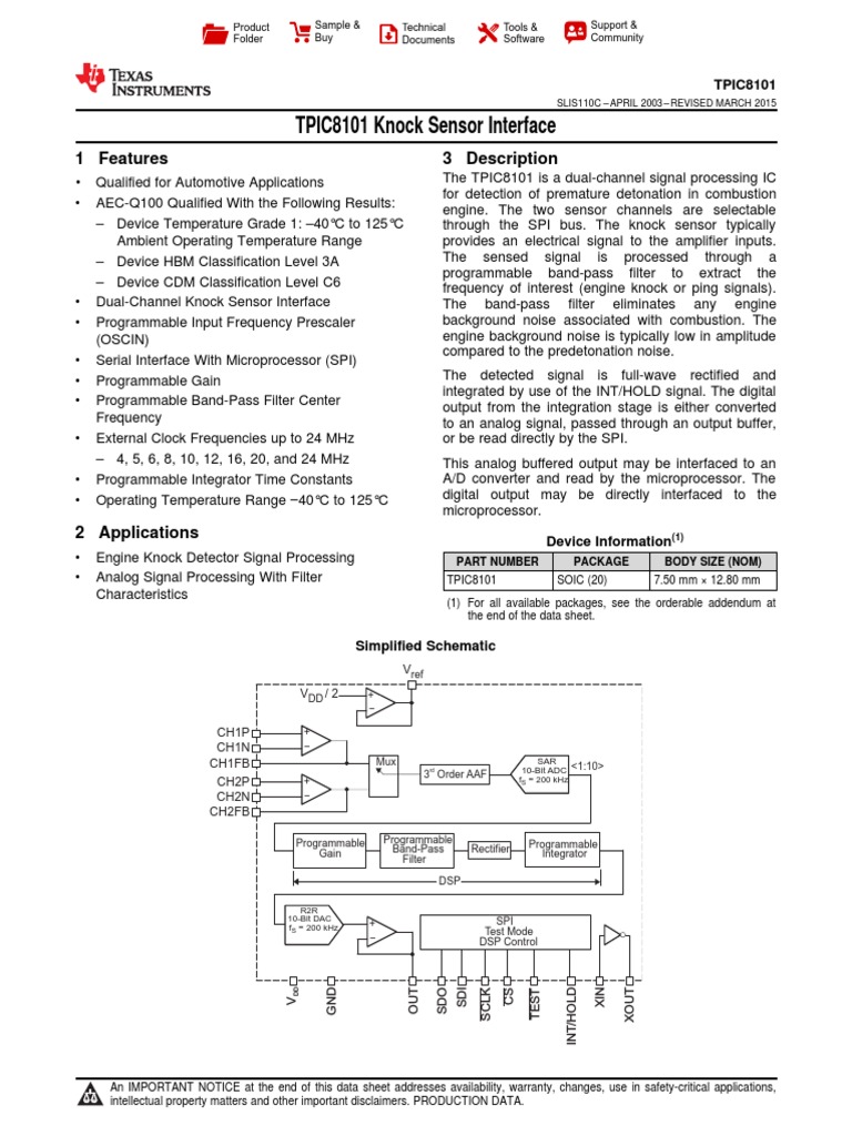 TPIC8101 Knock Sensor Interface 1 Features 3 Description PDF