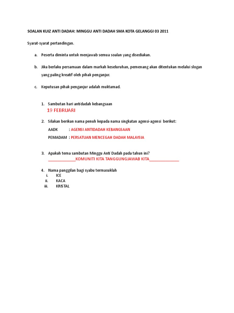 Soalan Kuiz Anti Dadah Pdf