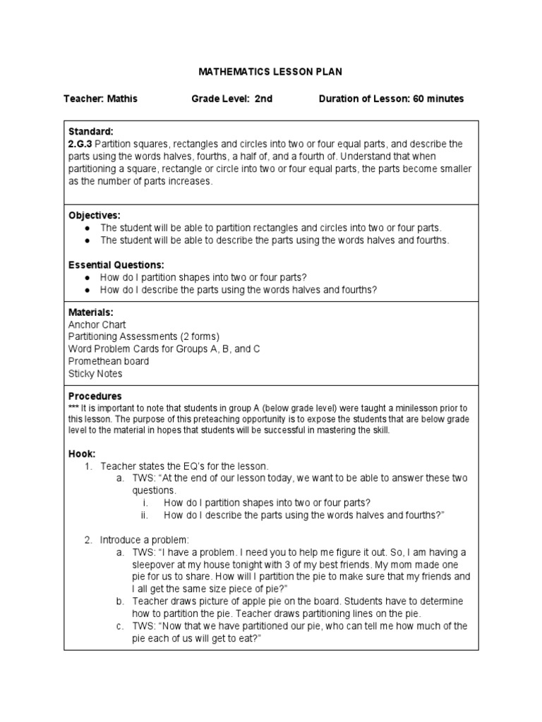 Mathematics Lesson Plan Teacher: Mathis Grade Level: 2nd Duration of ...