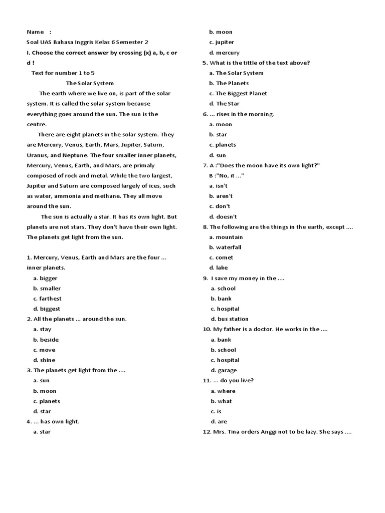 Uas B Inggris Kelas 6 Solar System Planets