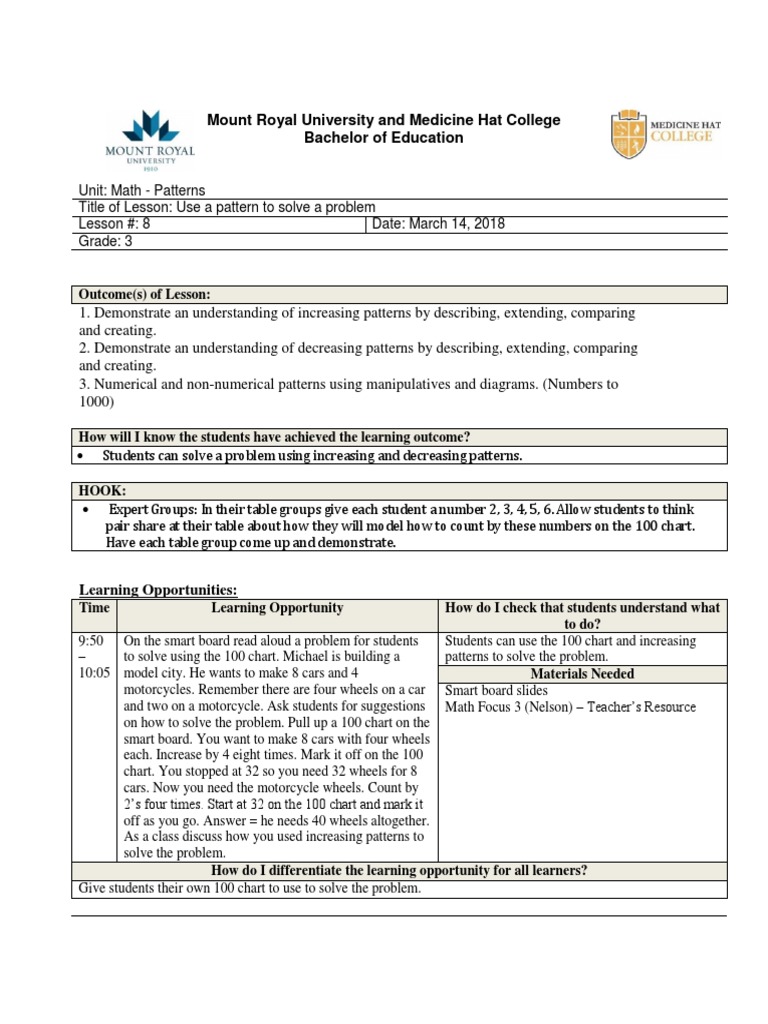 Grade 3 Patterns Lesson Plan | PDF | Lesson Plan | Teaching Mathematics