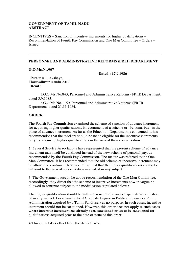 Tamil Nadu Incentive Increment Order | PDF | Public Law | Government