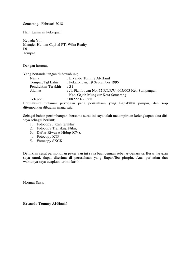 Contoh Surat Lamaran Kerja Pdam Rumah Siswa