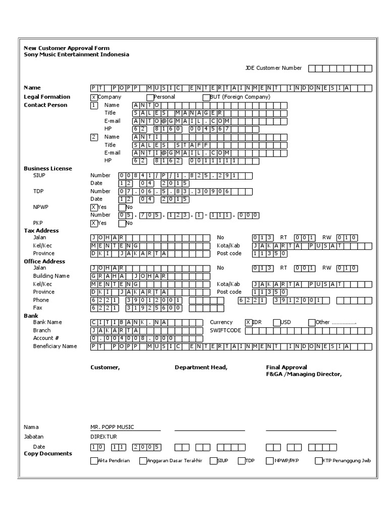 New Customer Approval Form Sony Music Entertainment Indonesia PDF