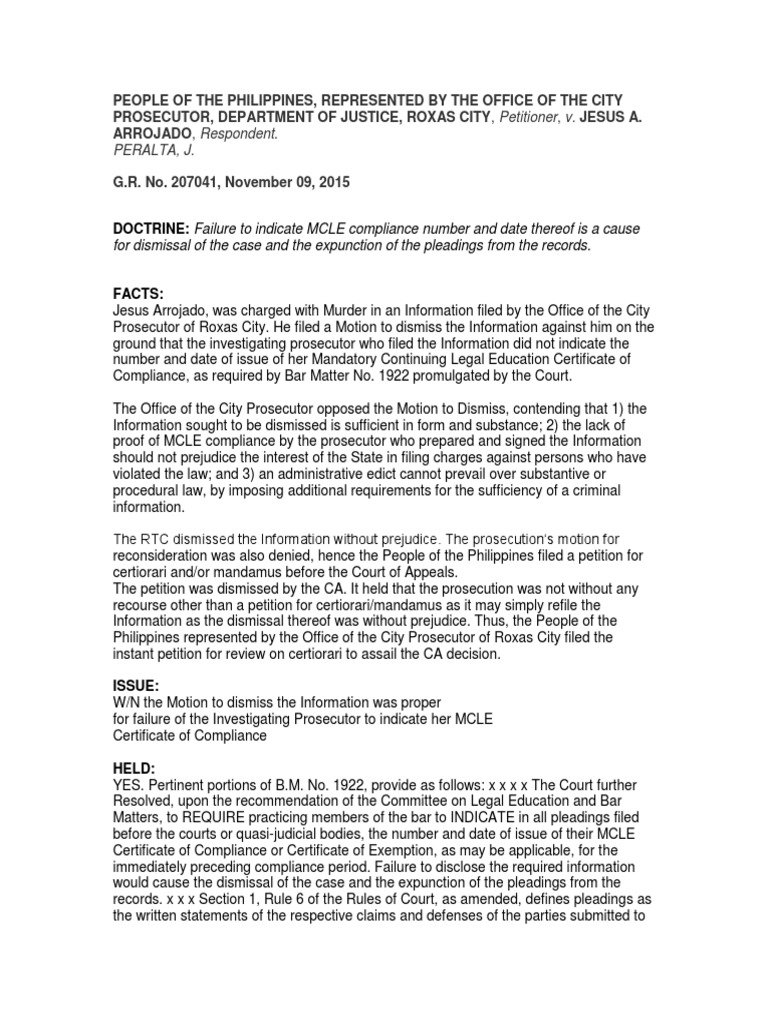 Failure to Indicate MCLE Compliance Results in Dismissal of Murder Case ...