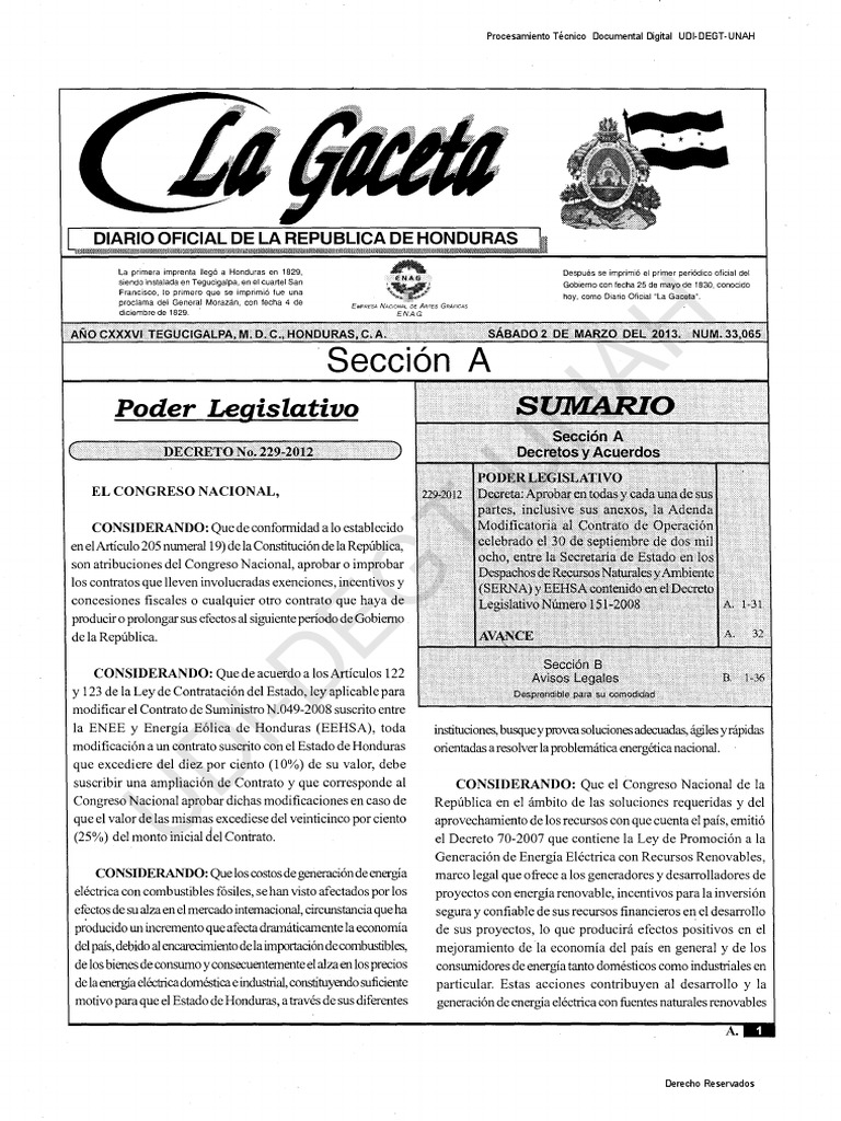 Publlicacion La Gaceta 2013032 Honduras Vatio