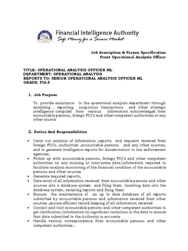JOB ADVERT ONLINE 2 Job Descriptions & Person Specification PDF Money Laundering