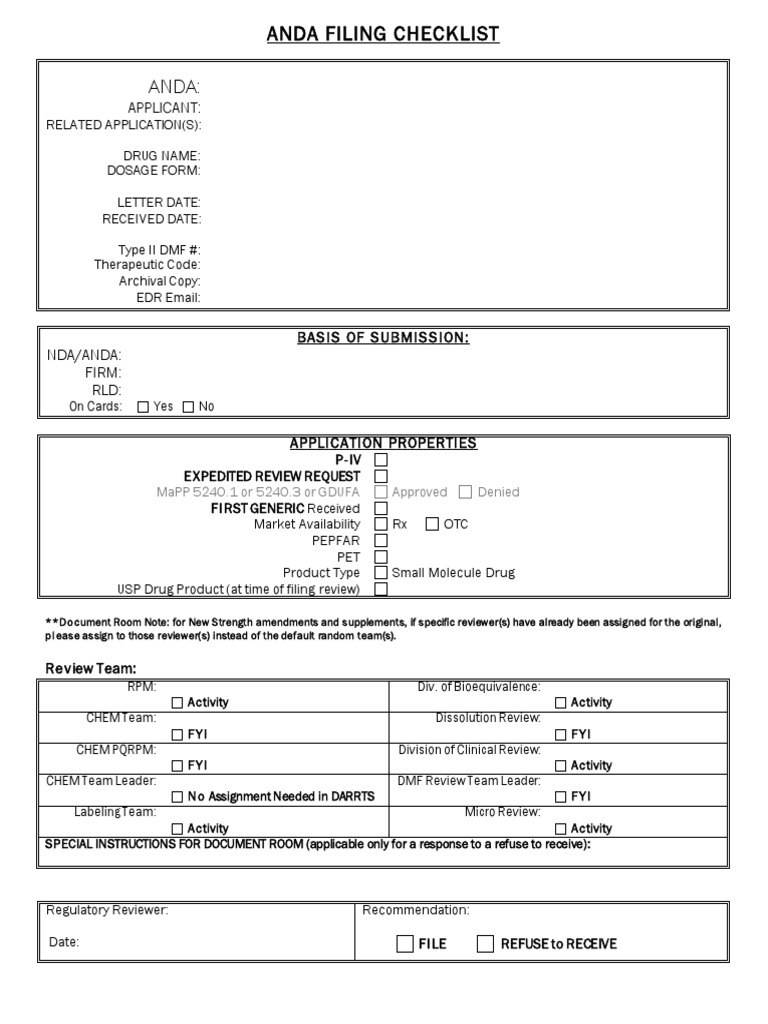 ANDA Filing Checklist PDF | PDF | Food And Drug Administration | Tablet ...