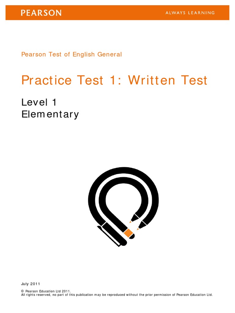 Pearson Test of English General Practice Test 1 Level 1 Elementary