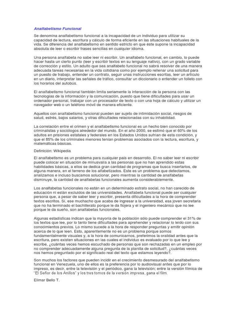 Analfabetismo Funcional Pdf Ciencia Cognitiva Comunicación