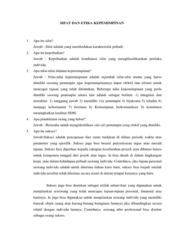 Jawaban Dan Soal Sifat Dan Etika Kepemimpinan