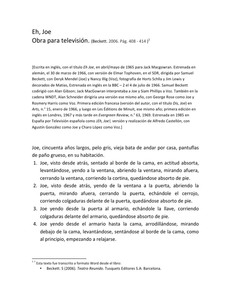 Eh Joe! Beckett PDF Samuel Beckett Amor