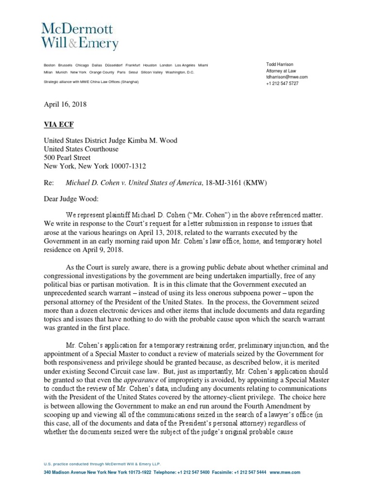 Cohen Letter to Judge AttorneyClient Privilege Search And Seizure