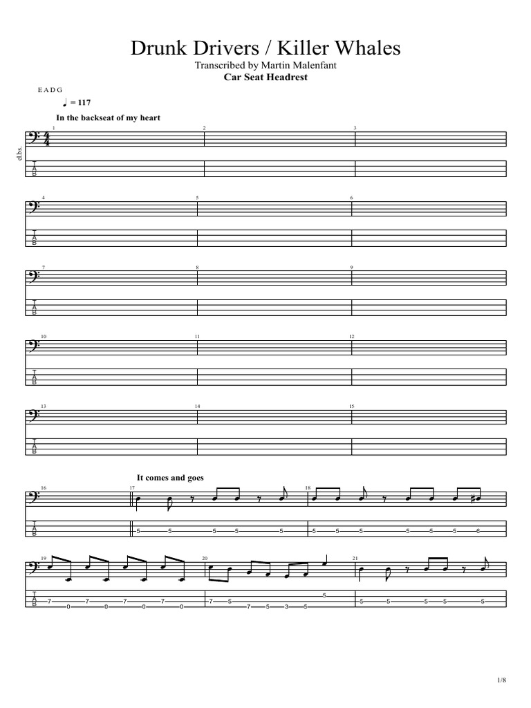 Car Seat Headrest Killer Whales Drunk Drivers (Bass Tab)
