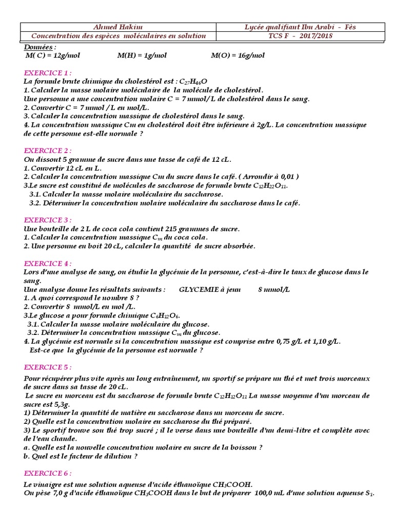 Tc Fr Concentration Pdf Concentration Molaire Sucre