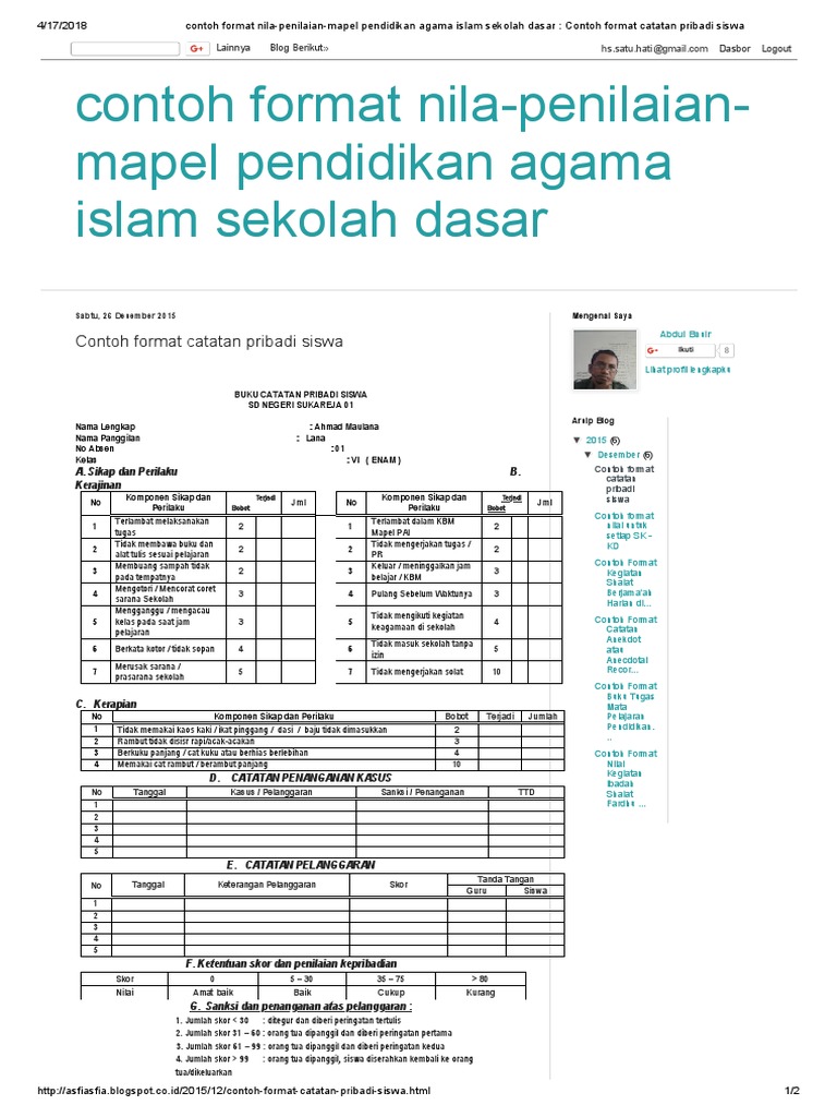 Contoh Format NilaPenilaianMapel Pendidikan Agama Islam