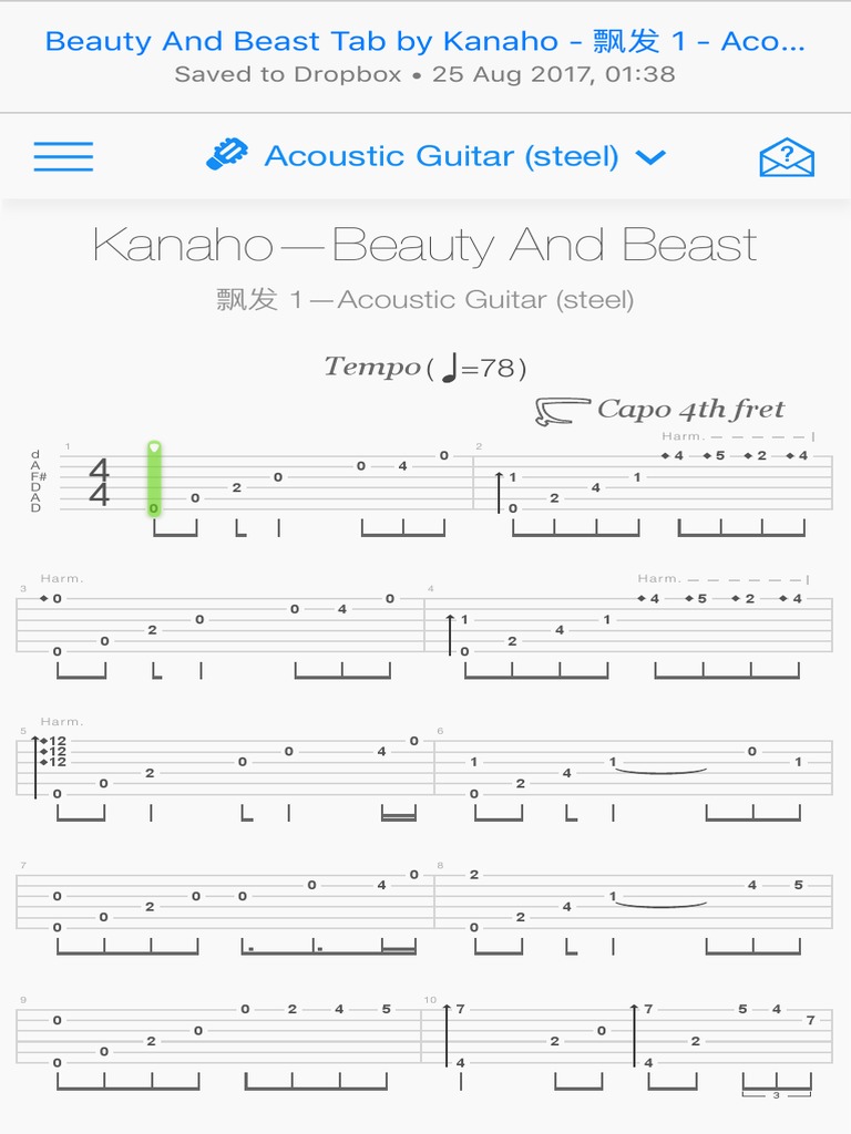 Beauty and Beast Tab by Kanaho 飘发 1 Acoustic Guitar (Steel) Songsterr Tabs With Rhythm PDF