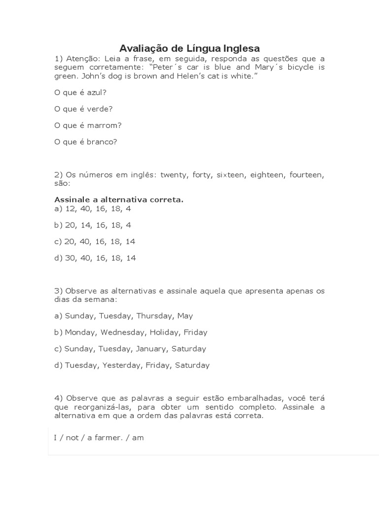 Avaliação de Língua Inglesa 4º Ano | PDF | Artes Linguísticas e ...