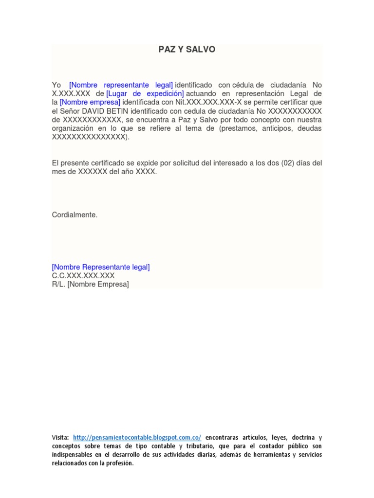 Modelo de Certificado de Paz y Salvo | PDF