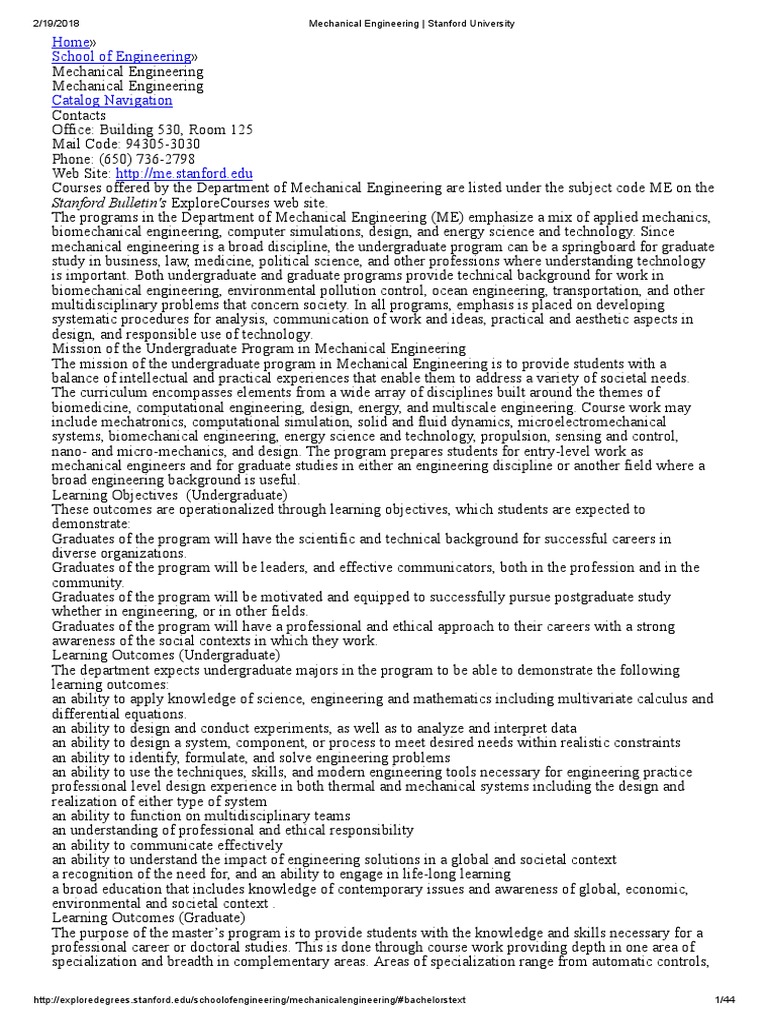 Mechanical Engineering Stanford University PDF Postgraduate