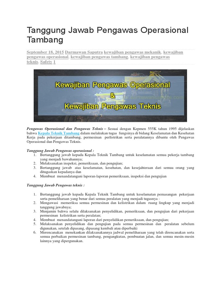 Tanggung Jawab Pengawas Operasional Tambang