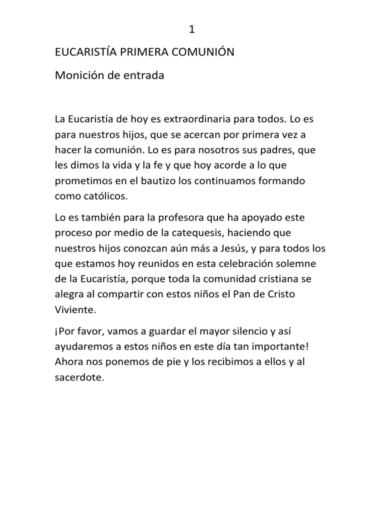 1 Eucaristía Primera Comunión Monición de entrada eucaristía Cristo (título)